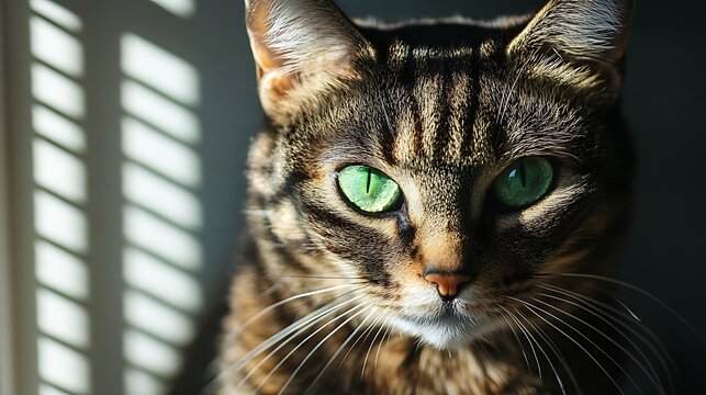 Portrait of a tabby cat with striking green eyes in sunlight near the window blinds home pet photography
