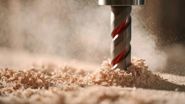 Super macro shot of steel drill with wood chippings flying off. Sawdust flies off a spinning drill boring a hole into a wooden board.