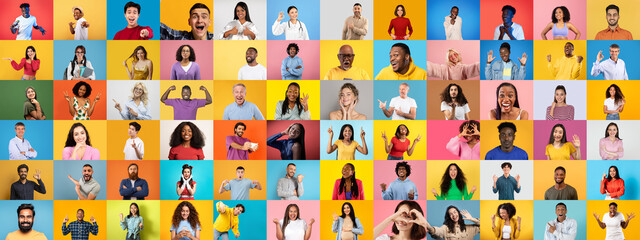 A vibrant collage features a diverse group of individuals, each expressing happiness and warmth.