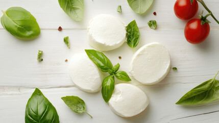Pieces of delicious mozzarella cheese and basil on white wooden table, top view
