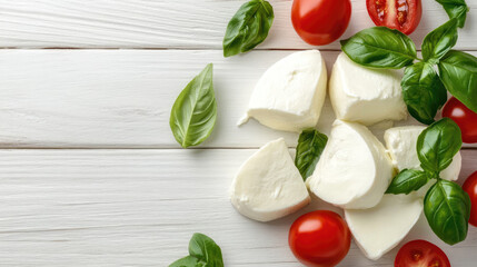 Pieces of delicious mozzarella cheese and basil on white wooden table, top view