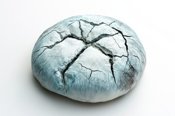 Fototapeta premium A loaf of cracked blue bread sits on a white surface, displaying an artistic pattern.