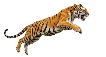 Tiger Jumping and Attacking isolated on transparent background, Side view of Tiger PNG 