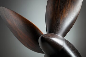 A close-up shot of a wooden propeller with a rich, dark grain against a gradient background.