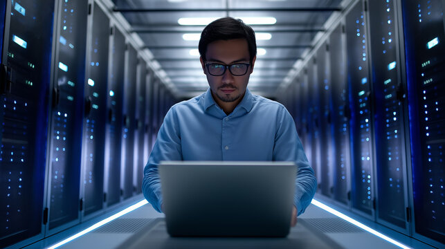 A focused IT professional works on a laptop in a brightly lit data center aisle surrounded by server racks.
