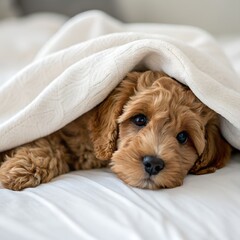 A small golden doodle puppy lies under a white blanket on a bed. The puppy has curly fur and big, expressive eyes, looking curiously at the camera.