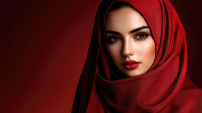 Portrait of beautiful fashionable woman in hijab in stylish clothes on dark red background