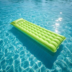 A bright green inflatable mattress floats on clear blue water. Sunlight reflects off the surface, creating a serene summer atmosphere.