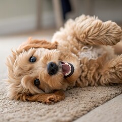 A playful golden doodle puppy lies on a soft rug, showing its happy expression with a wagging tail and fluffy fur.