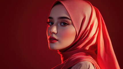 Portrait of beautiful fashionable woman in hijab in stylish clothes on dark red background