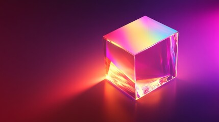 Neon Cube 3D Render, Glass Prism, Iridescent, Abstract, Gradient Background. 3D rendering, glass cube
