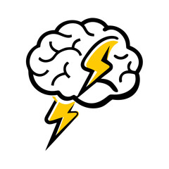 Hand Draw brain with lightning bolt on transparent background for web and graphic design