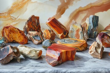 A collection of vibrant, polished petrified wood pieces displayed on a marble surface against a swirling, earth-toned backdrop, showcasing unique colors and patterns.