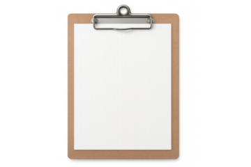 Blank white paper clipboard resting on transparent surface, ready for professional document placement and creative design applications