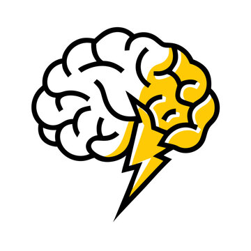 Hand Draw brain with lightning inside on transparent background for web and graphic design