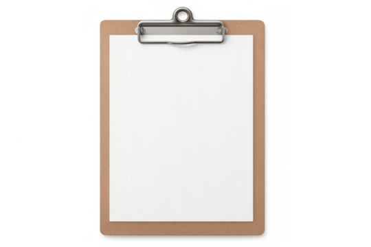Blank white paper clipboard resting on transparent surface, ready for professional document placement and creative design applications