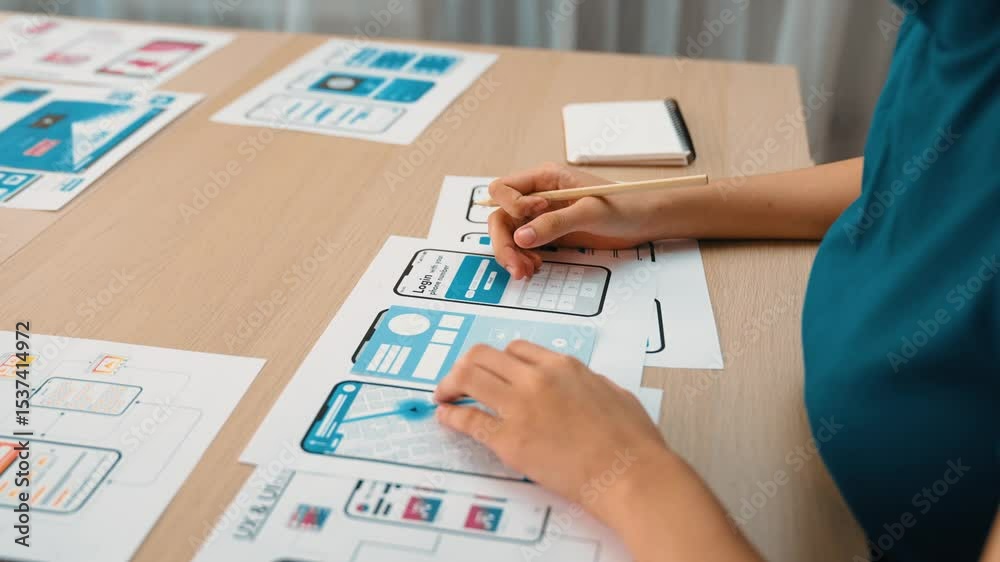Poster startup company employee planning for user interface prototype for mobile application or website in 