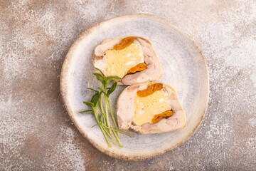 Chicken, egg and dried apricot meatloaf isolated on white. Diet, healthy eating. top view, copy space