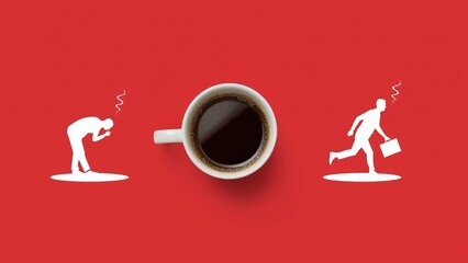 Coffee cup with silhouettes of tired and energized people on red background symbolizing energy boost