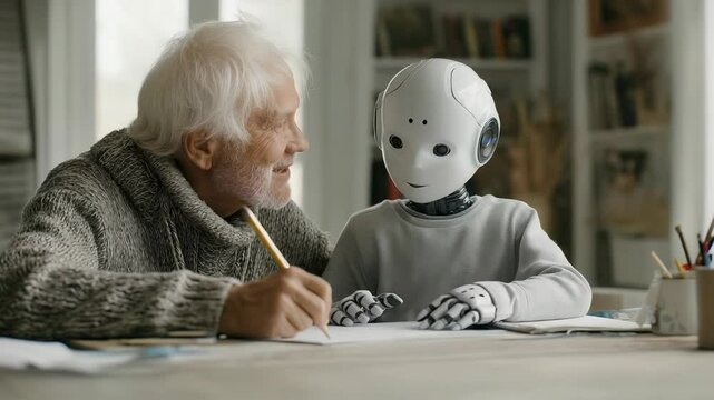 Elderly man teaches spelling rules to bionic robot in engaging learning session