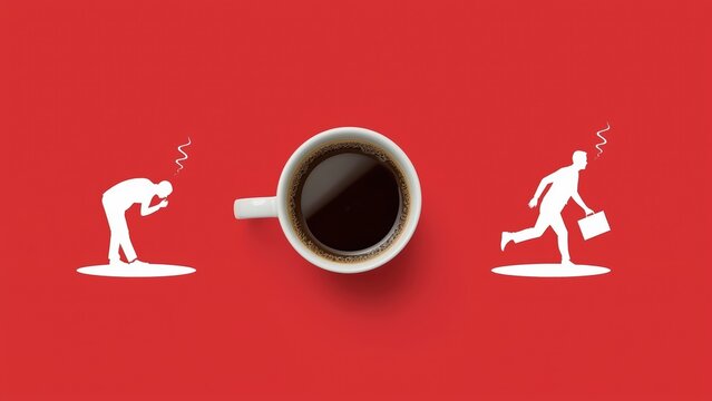 Coffee cup with silhouettes of tired and energized people on red background symbolizing energy boost