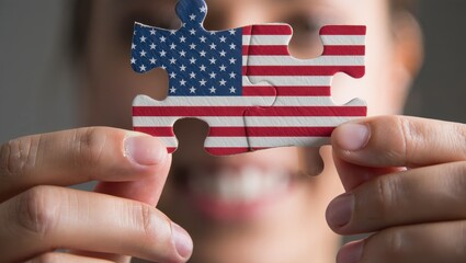 Loose puzzle pieces forming the U.S. flag with hands of all ages and ethnicities placing pieces—symbolizing America’s collective strength and unity