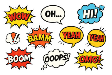 A vector illustration set featuring comic book bubbles, cartoon explosions, funny and comical speech clouds, comics words, thinking bubbles, and graphic conversation text elements