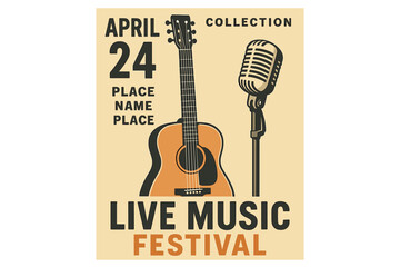 Retro-style vector poster for live music events, including a concert or festival, featuring a guitar and microphone with space for custom text