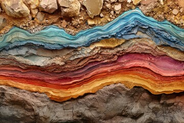 This depiction showcases a detailed cross-section of Earths crust, revealing various mineral layers in rich colors. The textures and formations exemplify geological processes over time