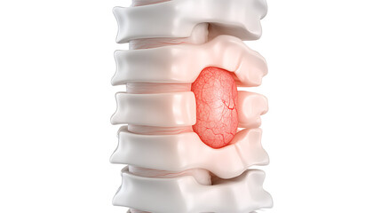 Spinal disc herniation between vertebrae. Medical 3D illustration of bulging disc and spine. Visual represents symptoms, pain, and treatment.