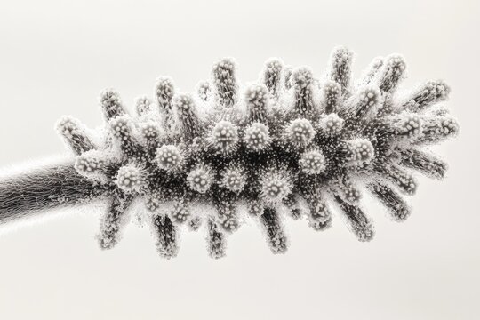 A high-contrast, black-and-white macro shot of a flower-like structure covered in textured, orb-shaped elements against a light, neutral background.