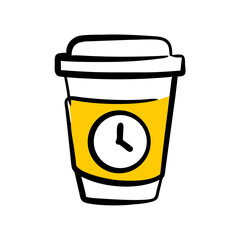 Hand Draw coffee cup with clock icon on transparent background for web and graphic design