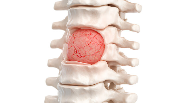 A model of a spine showing a herniated disc, indicated in red. The image highlights the structure of the vertebrae and the displacement of the disc.