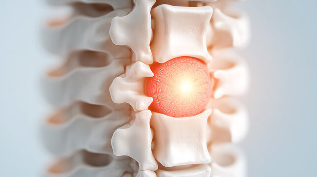 Spinal Disc Problem: Illustration of a spine with a bulging intervertebral disc causing pain. Concept for back pain, herniated disc, or spinal injury. Medical imagery.
