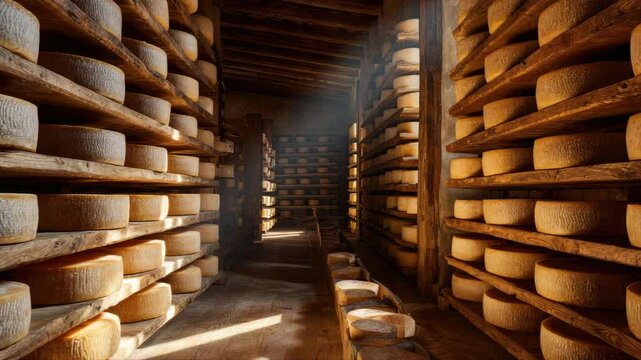 Aging rooms with many shelves in cheese caves, central location for aging of wheels, rounds of Comte cheese from four months to several years made from raw cow milk, Jura, France