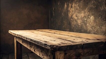 Old wooden table against a textured wall in a dimly lit room