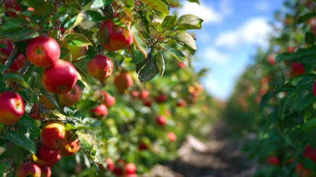 Ripe Red Apples on Tree Branches in Orchard Under Sunlight with Green Leaves and Blurred Background of Fruit Trees and Path