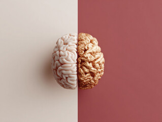Conceptual image featuring a stylized brain, half organic and half metallic gold. Symbolizes intellect, creativity, duality, or innovation. Use for business, health, education, or psychology.
