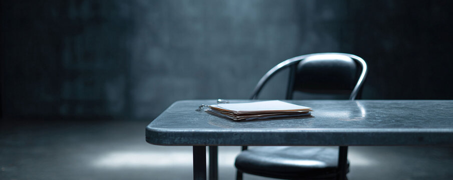 A stark, cold room features a metal table with files and chair. Evokes a sense of waiting, investigation, or difficult choices. Perfect for legal, crime, or thriller themes.
