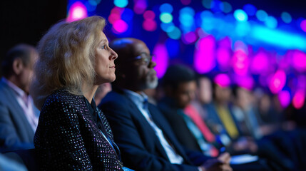 A diverse group of professionals attentively watches a presentation or event, with colorful blurred lights in the background.

