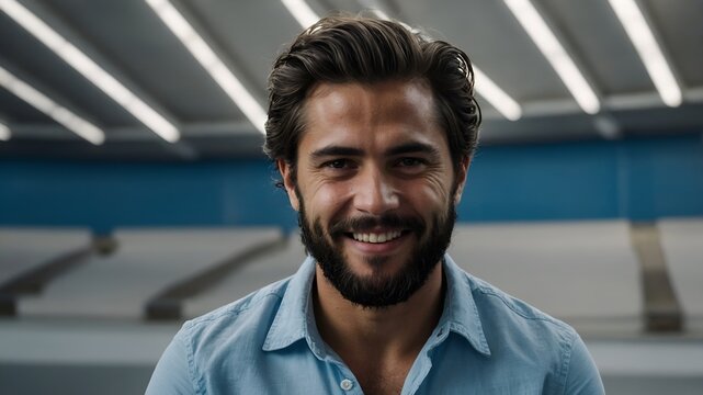 Young man laughing openly, short beard, slicked-back brown hair, light blue denim shirt with rolled sleeves, chest-up shot, clear blue sky, bright natural light.