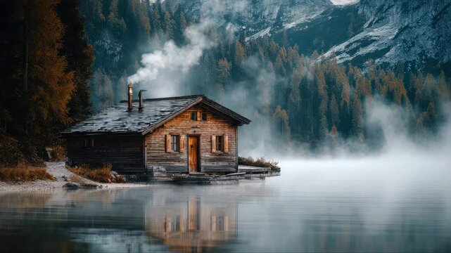 Isolated house in a forest of yellow larches, during a cloudy autumnal day in the Swiss Alps