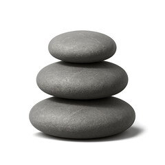 Three gray stones stacked in balance on white background