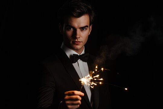 Intense man in tuxedo holds sparkler on dark background, elegant and glamorous portrait in low-key lighting. - Powered by Adobe