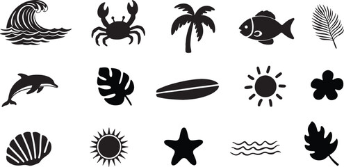 Summer Surfboard Icon Set of Tropical Beach and Ocean Silhouettes in Vector Style on White Background