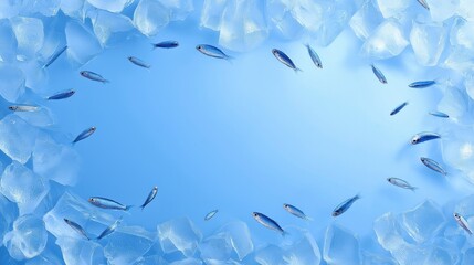 Small fish swimming among ice cubes on a light blue background
