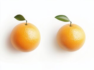 Two Oranges with Leaves 3D Render, Minimalist Composition, Citrus Fruit, White Background Citrus, 3D render