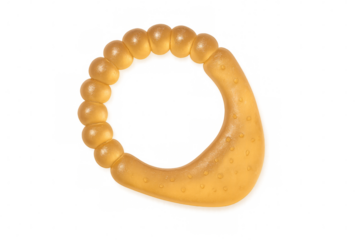 Soft baby teether with textured surface, helping infant soothe teething discomfort against clean transparent backdrop