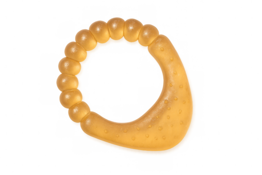 Soft baby teether with textured surface, helping infant soothe teething discomfort against clean transparent backdrop