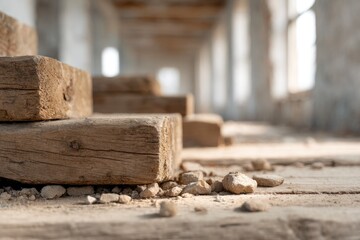 Wooden Beams and Rubble in Abandoned Building